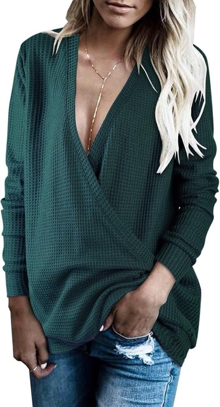 Women’s 2XL Dark Green Waffle Knit Wrap V Neck Pullover Sweater